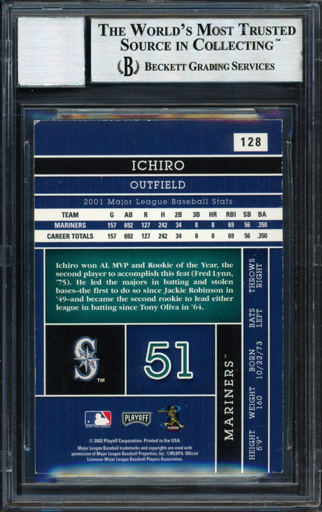 Ichiro Suzuki Autographed 2002 Playoff Absolute Card #128 Seattle Mariners Auto Grade 10 Beckett BAS #12491176
