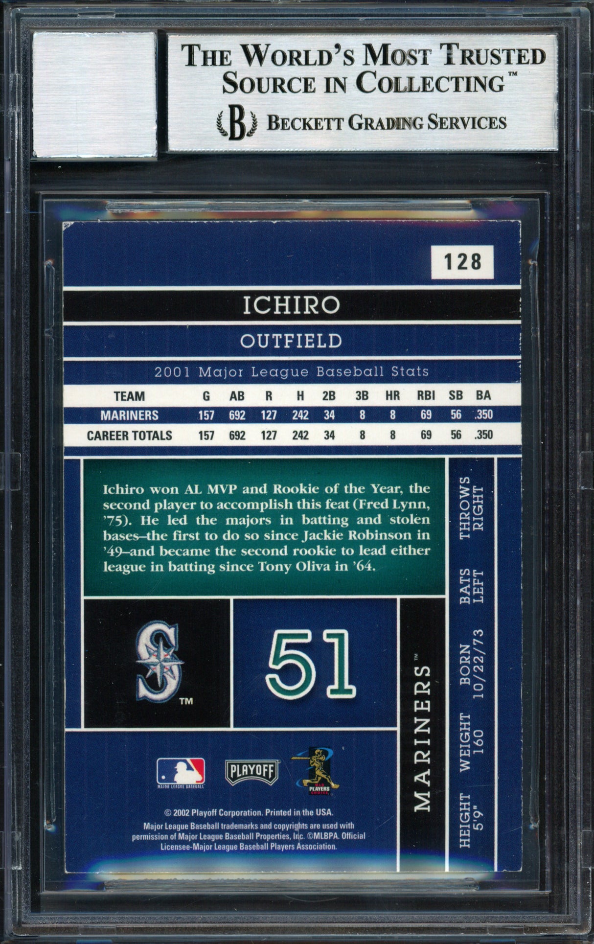 Ichiro Suzuki Autographed 2002 Playoff Absolute Card #128 Seattle Mariners Auto Grade 10 Beckett BAS #12491176