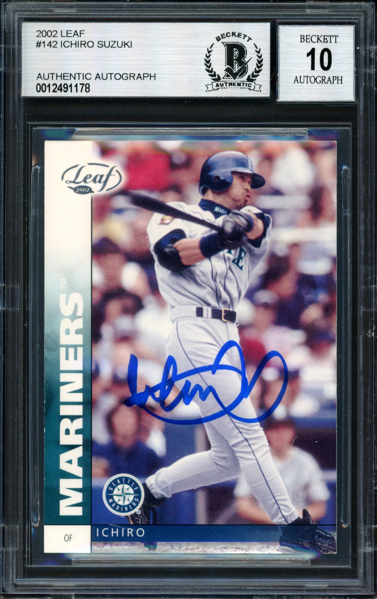 Ichiro Suzuki Autographed 2002 Leaf Card #142 Seattle Mariners Auto Grade 10 Beckett BAS #12491178