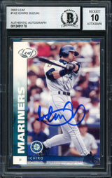 Ichiro Suzuki Autographed 2002 Leaf Card #142 Seattle Mariners Auto Grade 10 Beckett BAS #12491178