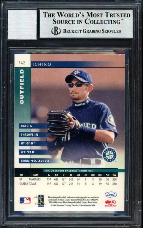 Ichiro Suzuki Autographed 2002 Leaf Card #142 Seattle Mariners Auto Grade 10 Beckett BAS #12491179
