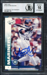 Ichiro Suzuki Autographed 2002 Leaf Card #142 Seattle Mariners Auto Grade 10 Beckett BAS #12491179