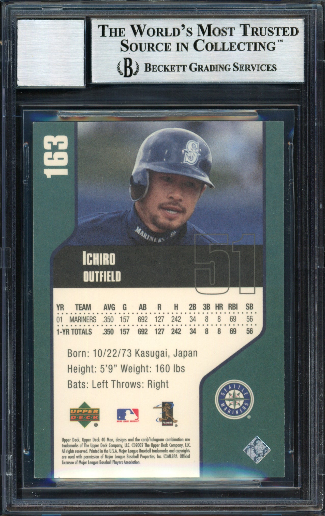 Ichiro Suzuki Autographed 2002 Upper Deck 40 Man Card #163 Seattle Mariners Auto Grade 10 Beckett BAS #12491181