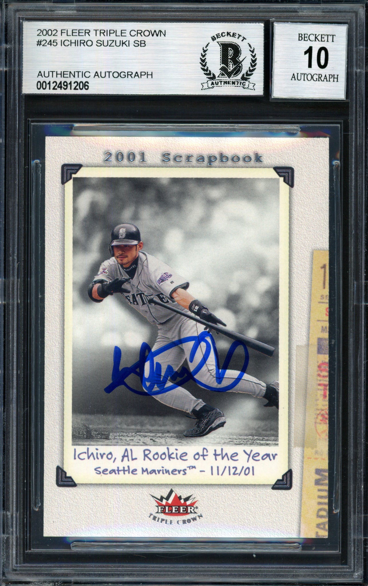 Ichiro Suzuki Autographed 2002 Fleer Triple Crown Scrapbook Card #245 Seattle Mariners Auto Grade 10 Beckett BAS #12491206