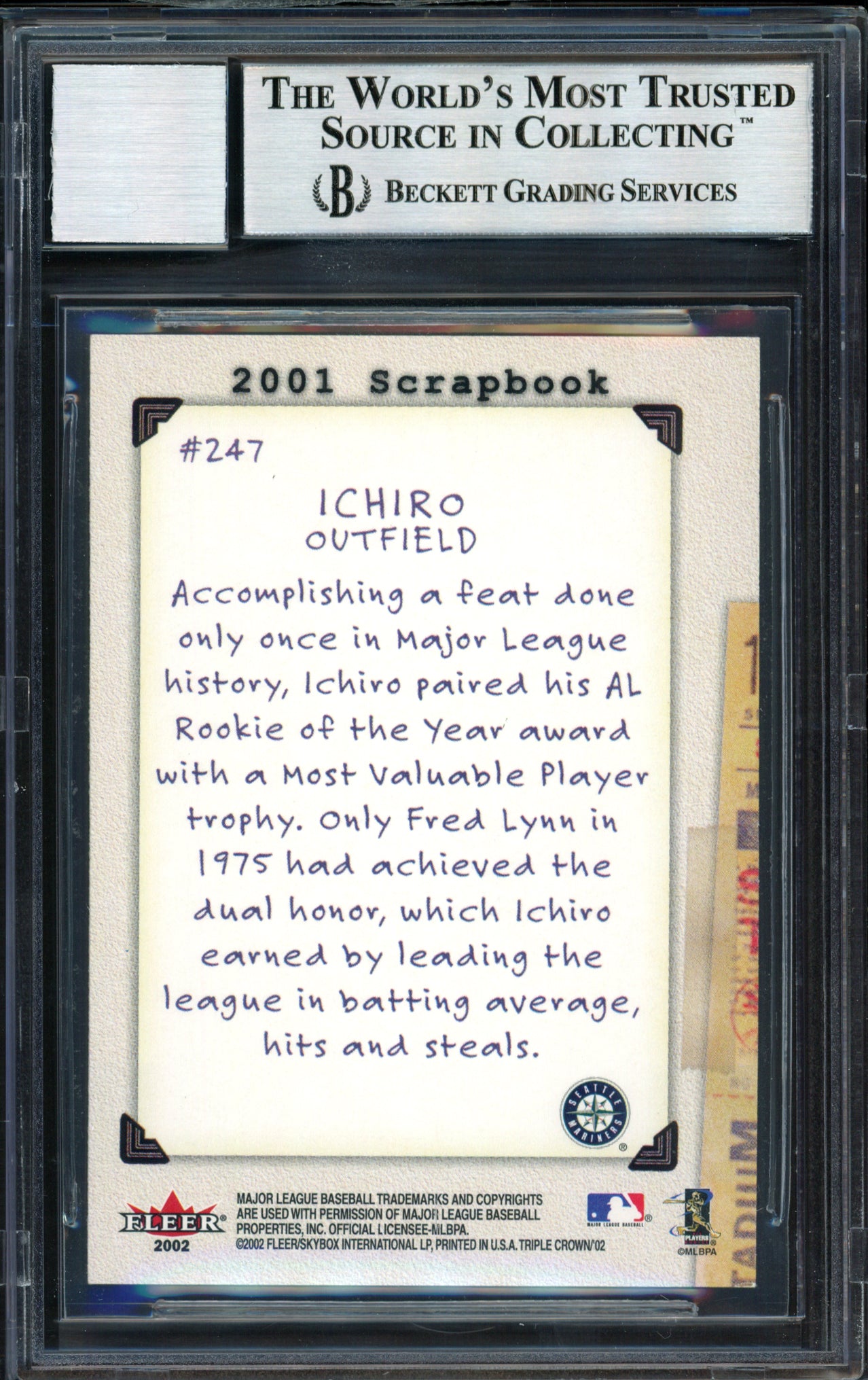 Ichiro Suzuki Autographed 2002 Fleer Triple Crown Scrapbook Card #247 Seattle Mariners Auto Grade 10 Beckett BAS #12491207