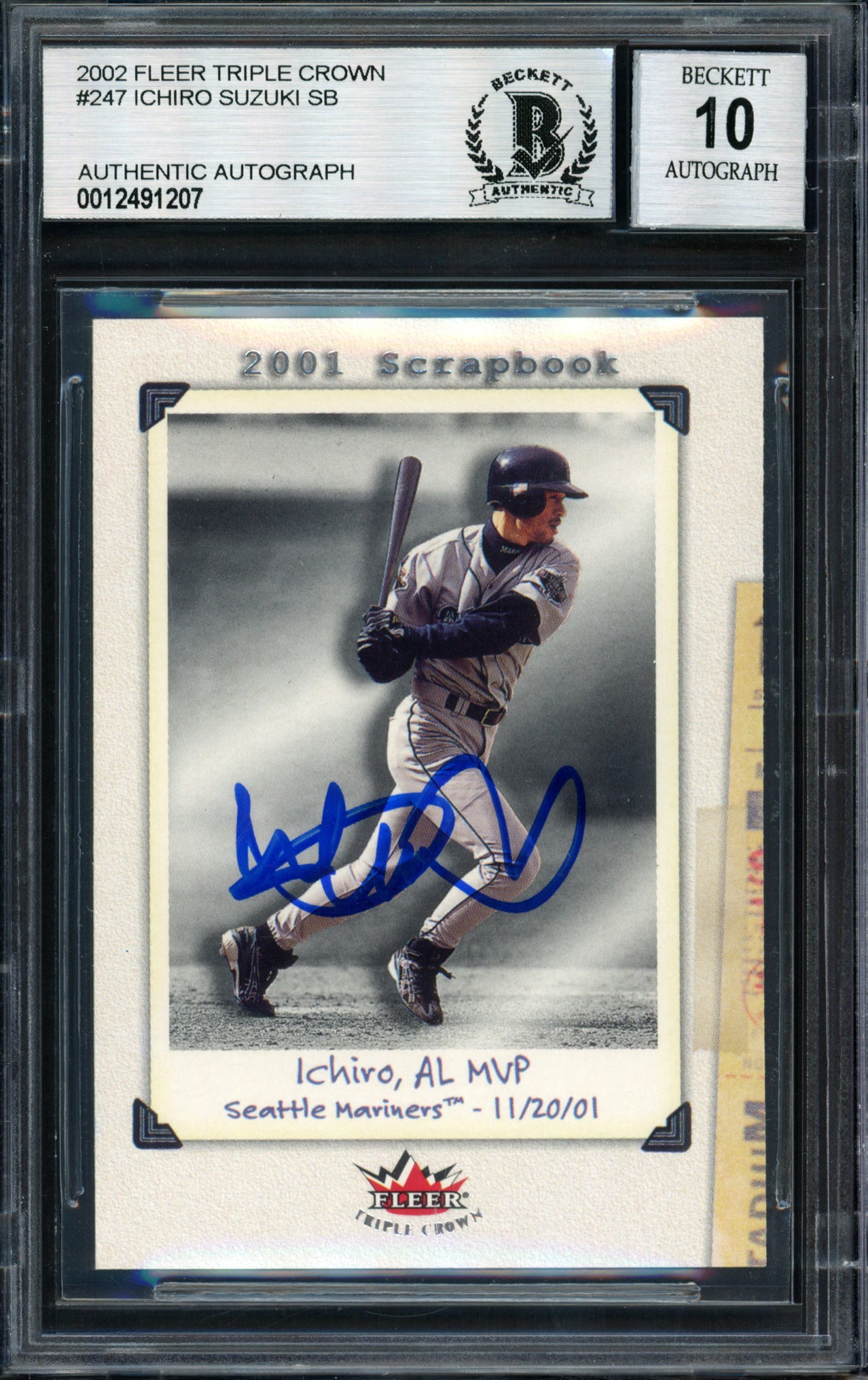 Ichiro Suzuki Autographed 2002 Fleer Triple Crown Scrapbook Card #247 Seattle Mariners Auto Grade 10 Beckett BAS #12491207