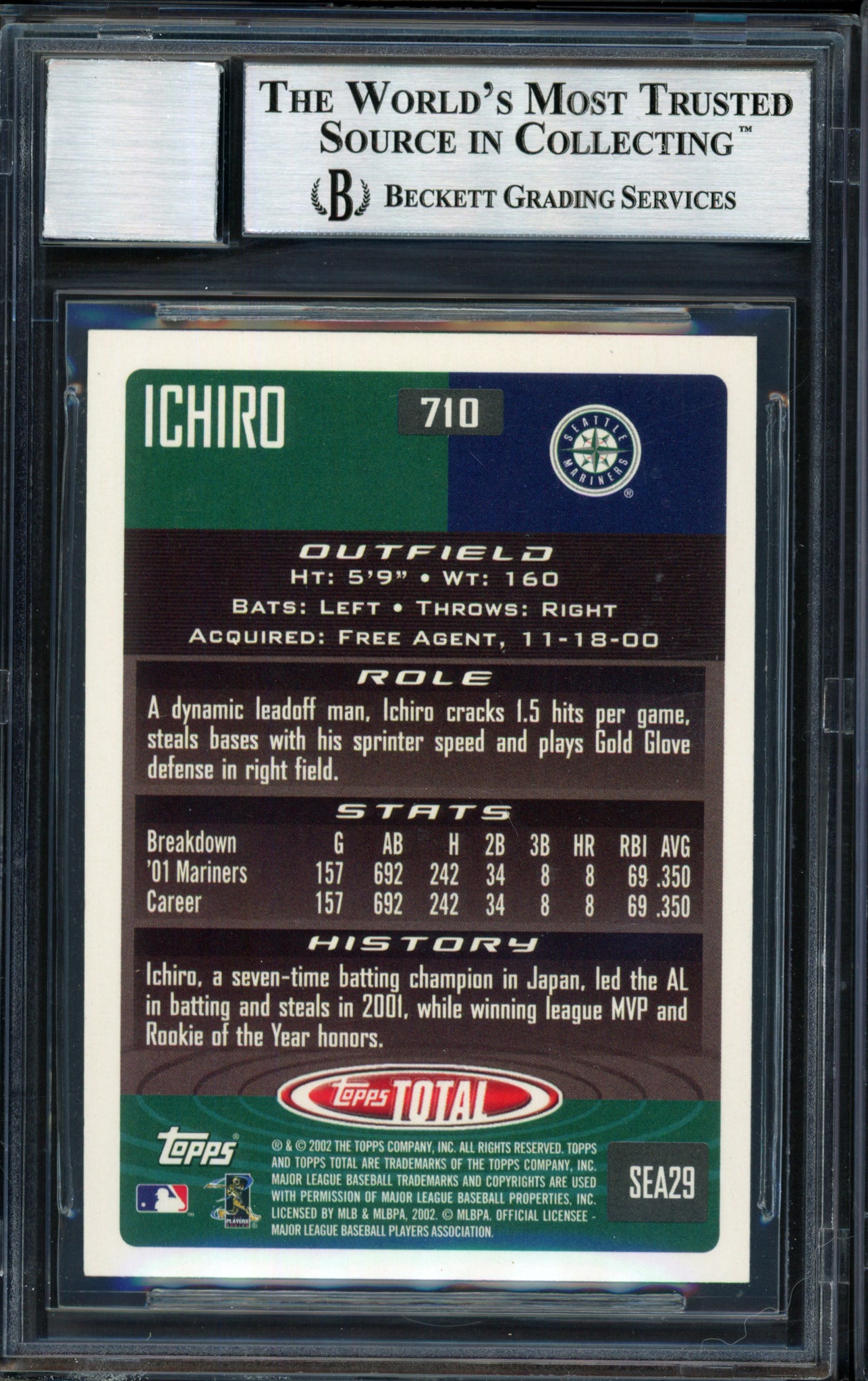Ichiro Suzuki Autographed 2002 Topps Total Card #710 Seattle Mariners Auto Grade 10 Beckett BAS #12491239