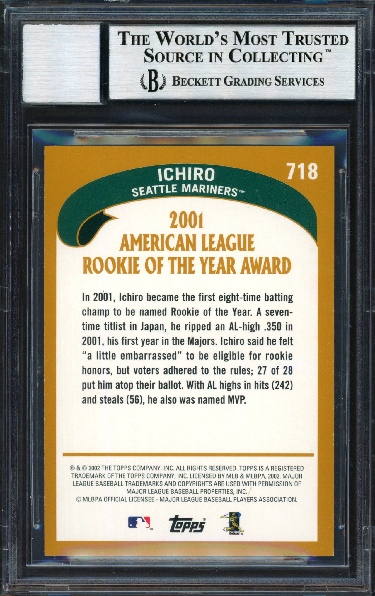 Ichiro Suzuki Autographed 2002 Topps Card #718 Seattle Mariners Auto Grade 10 Beckett BAS #12491245