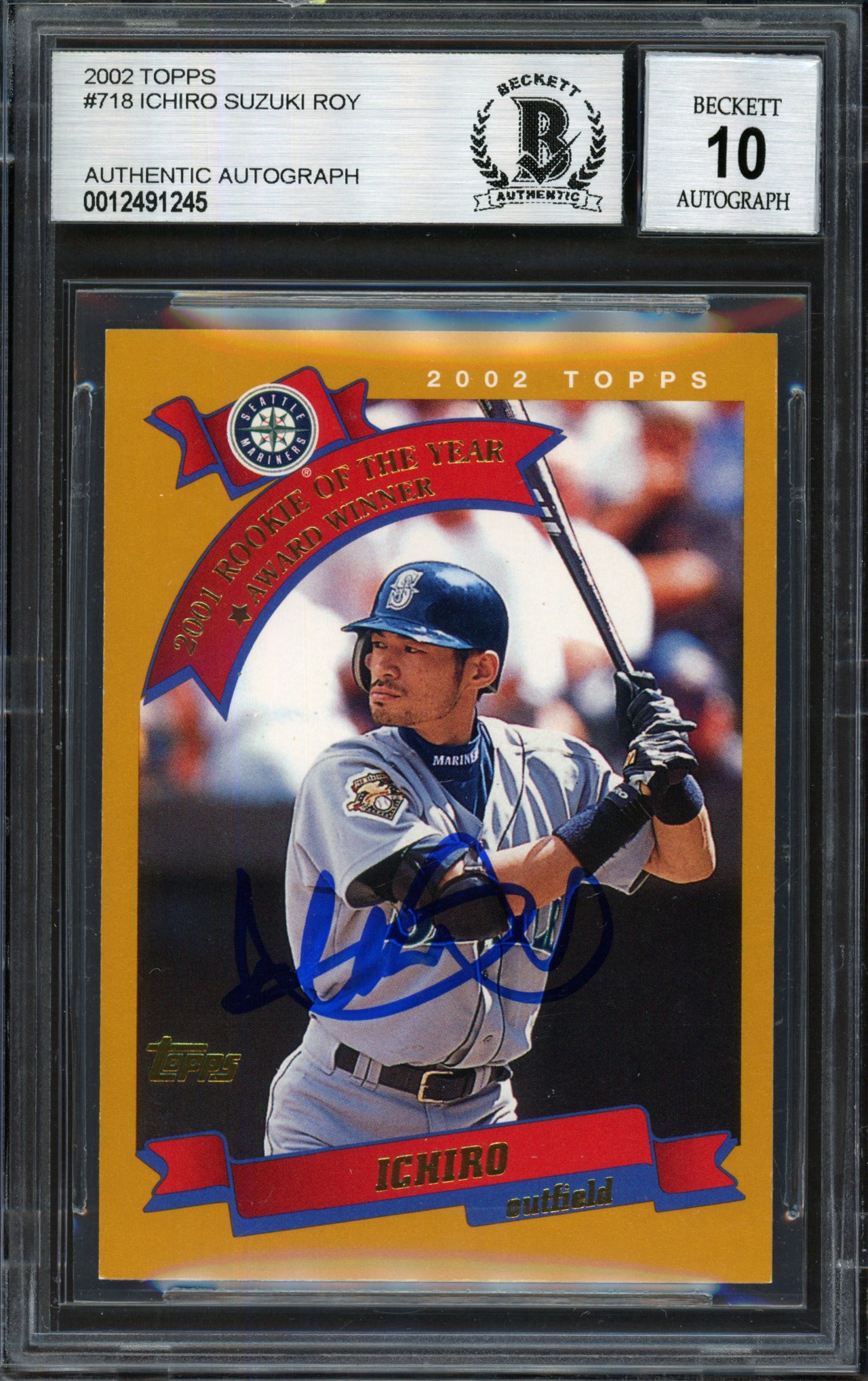 Ichiro Suzuki Autographed 2002 Topps Card #718 Seattle Mariners Auto Grade 10 Beckett BAS #12491245