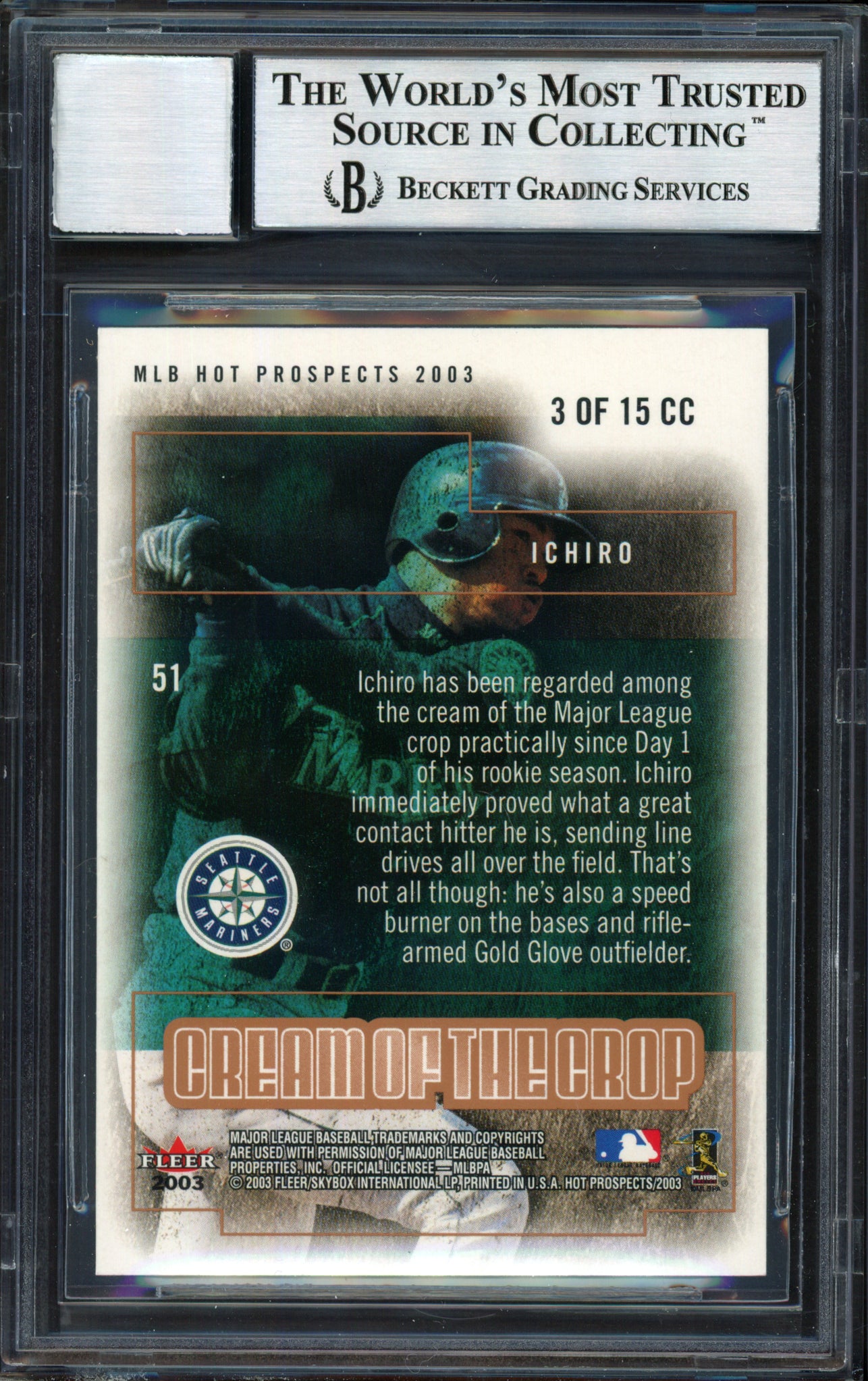 Ichiro Suzuki Autographed 2003 Fleer Hot Prospects Cream of the Crop Card #3 Seattle Mariners Auto Grade 10 Beckett BAS #12491253