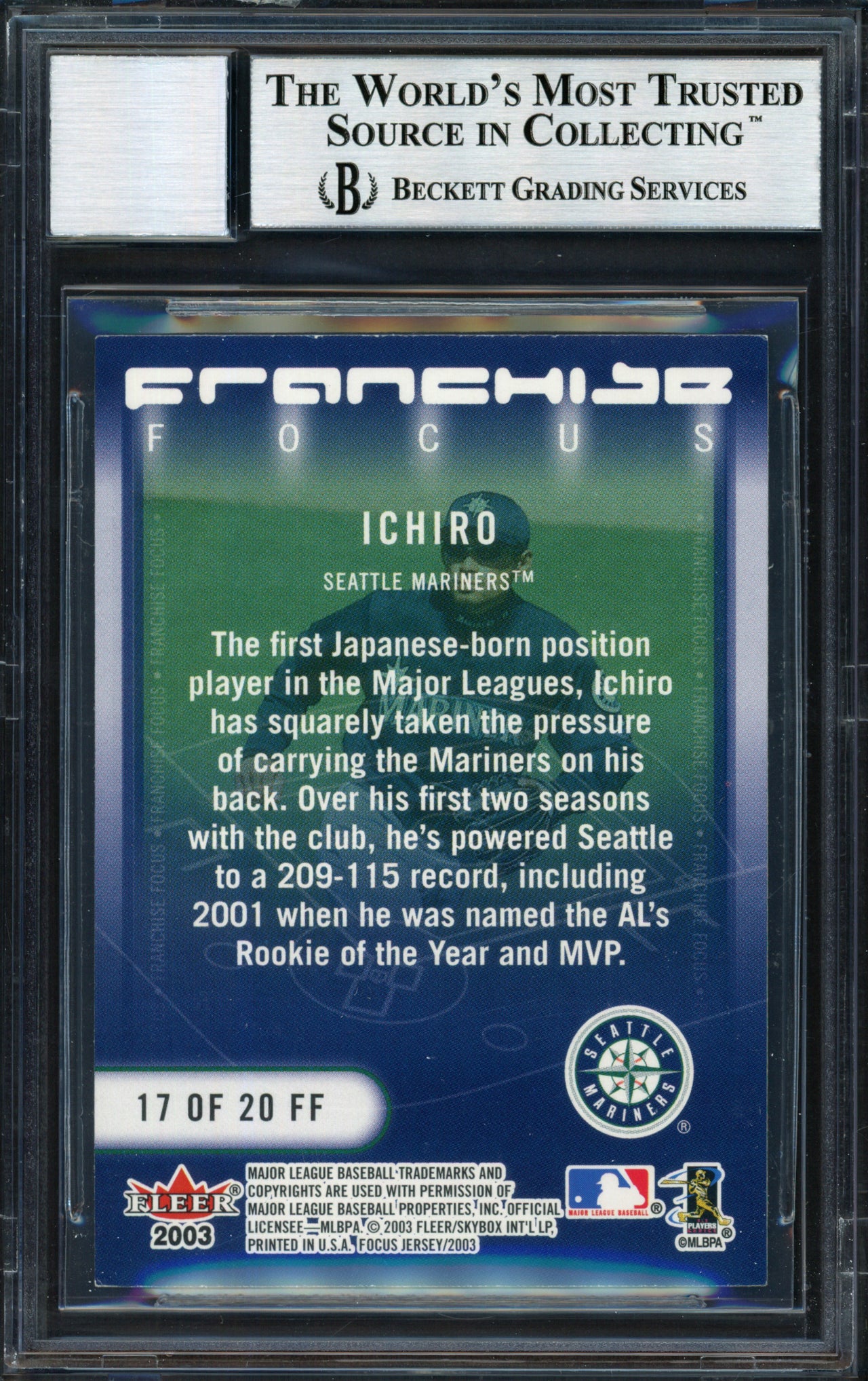 Ichiro Suzuki Autographed 2003 Fleer Focus Jersey Edition Franchise Focus Card #17 Seattle Mariners Auto Grade 10 Beckett BAS #12491256