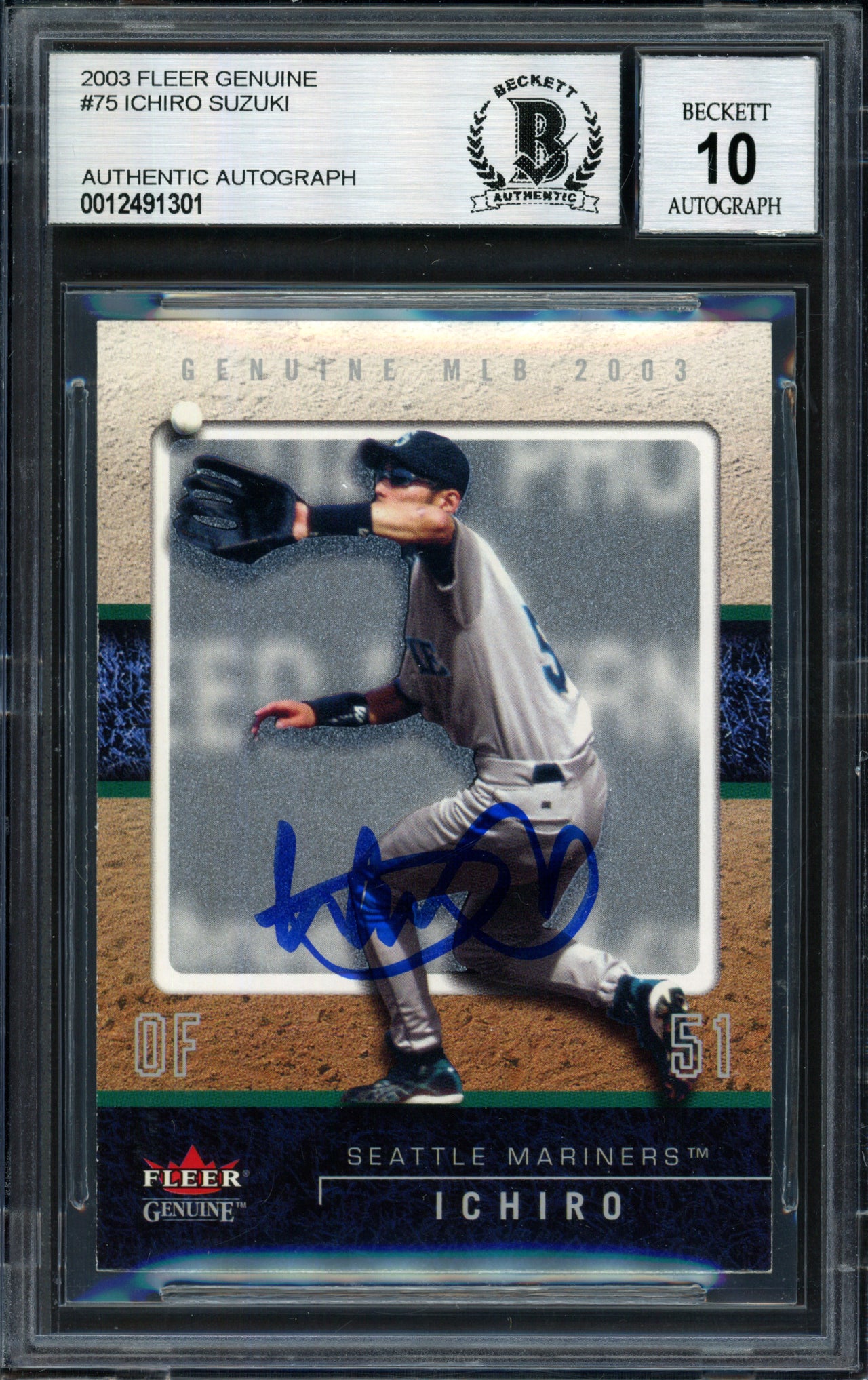 Ichiro Suzuki Autographed 2003 Fleer Genuine Card #75 Seattle Mariners Auto Grade 10 Beckett BAS #12491301