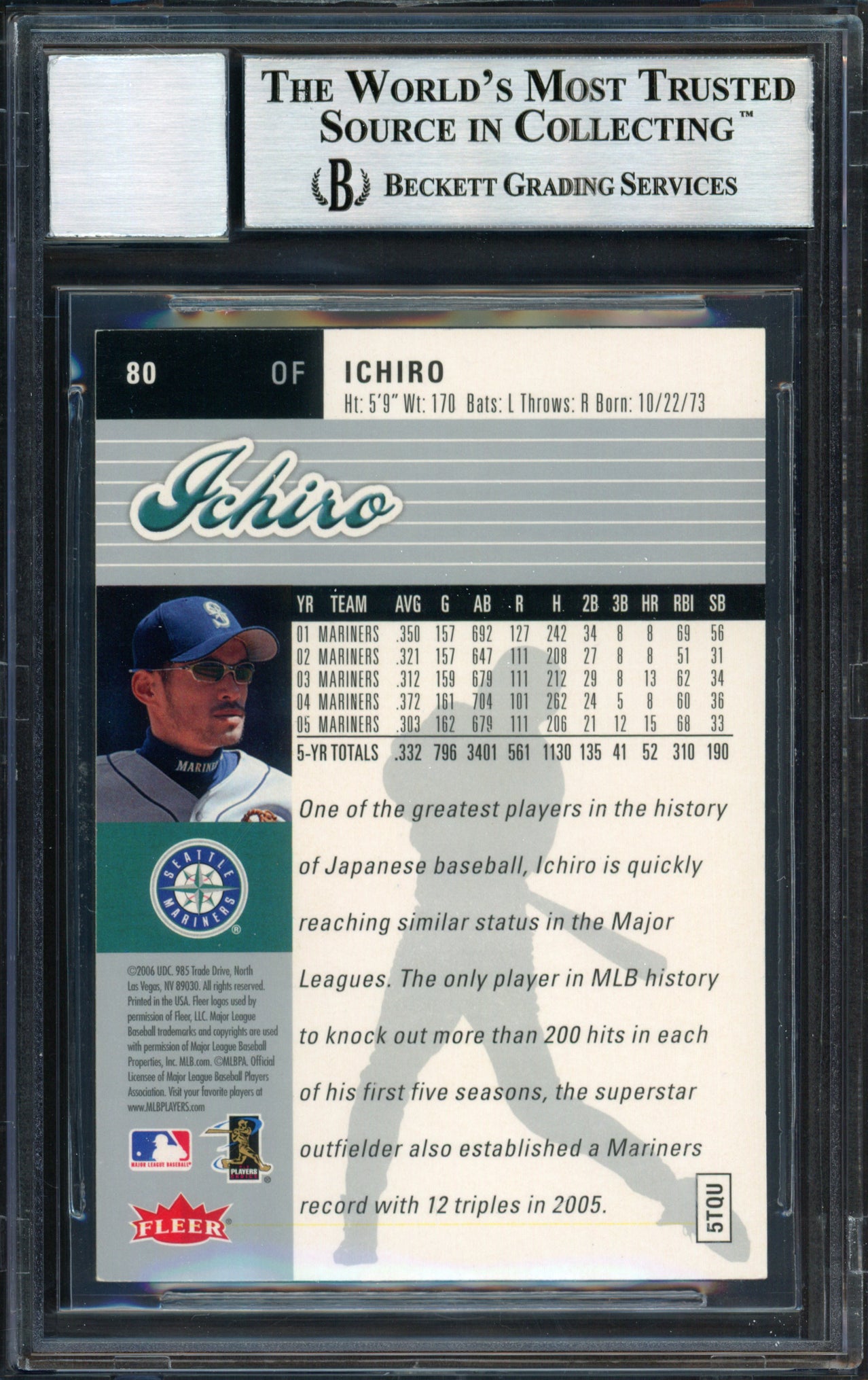 Ichiro Suzuki Autographed 2006 Fleer Ultra Card #80 Seattle Mariners Auto Grade 10 Beckett BAS #12491454
