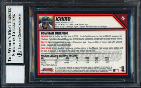 Ichiro Suzuki Autographed 2007 Bowman Chrome Card #75 Seattle Mariners Auto Grade 10 Beckett BAS #12491474