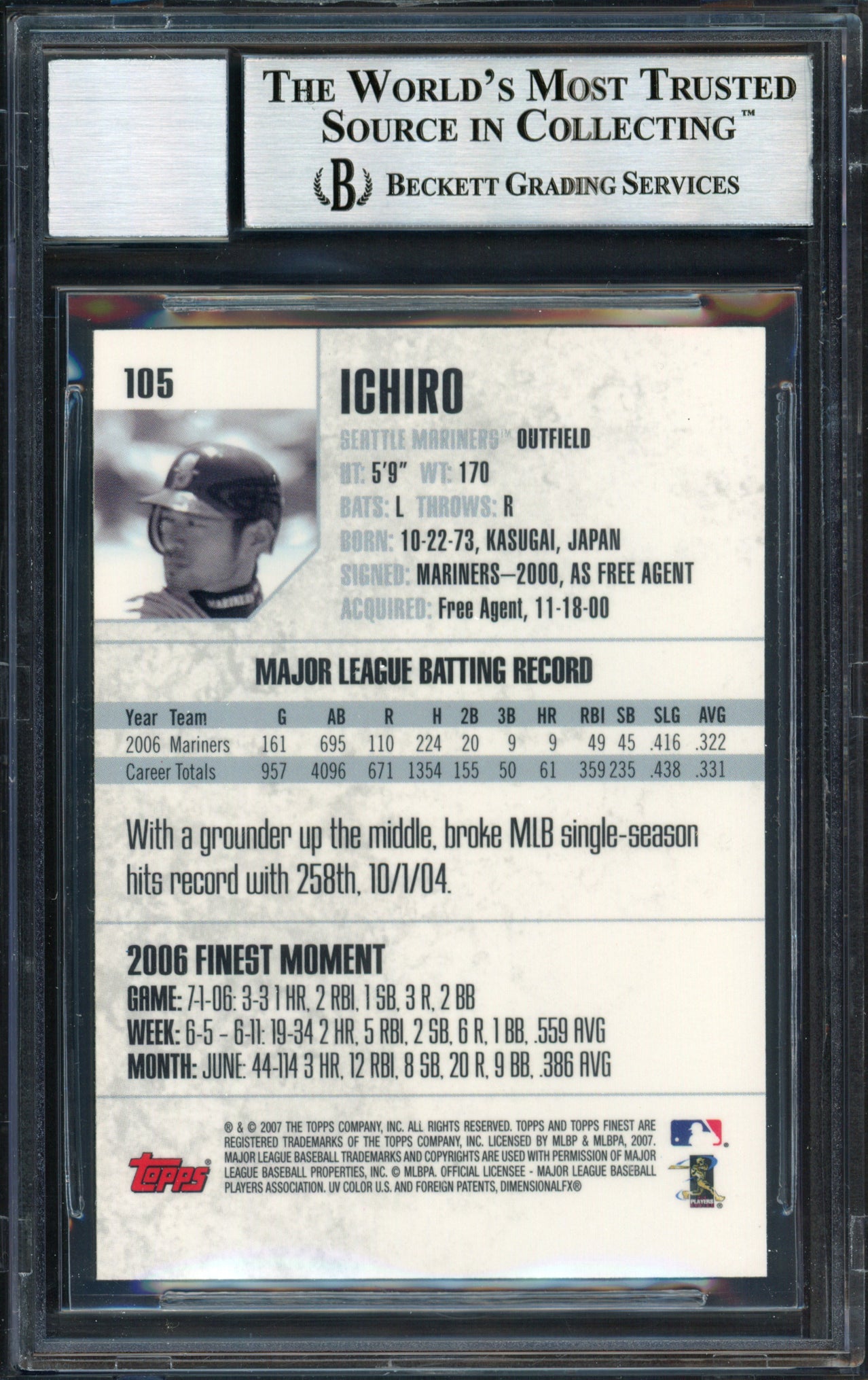Ichiro Suzuki Autographed 2007 Topps Finest Card #105 Seattle Mariners Auto Grade 10 Beckett BAS #12491480
