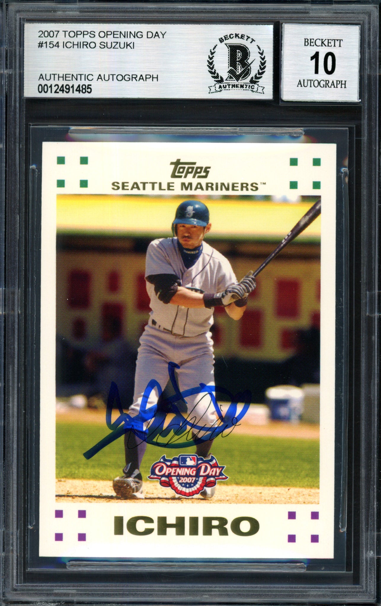 Ichiro Suzuki Autographed 2007 Topps Opening Day Card #154 Seattle Mariners Auto Grade 10 Beckett BAS #12491485