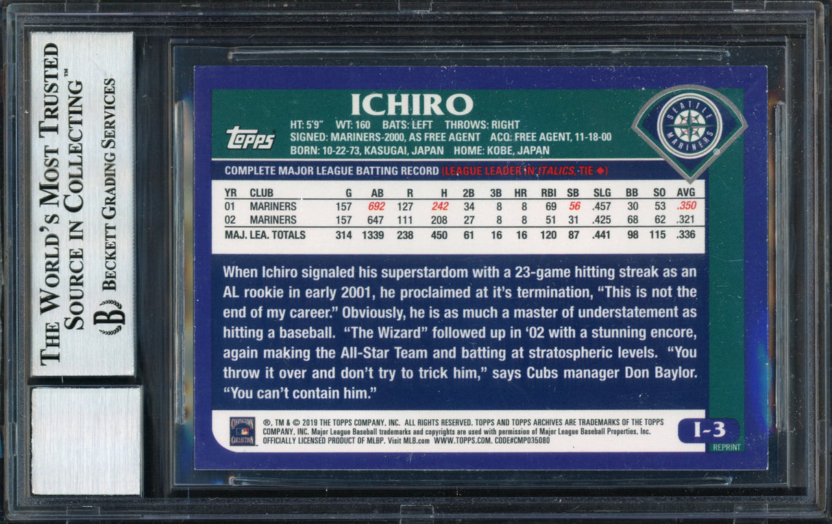 Ichiro Suzuki Autographed 2019 Topps Archives Retrospective Card #I-3 Seattle Mariners Auto Grade 10 Beckett BAS #12491512