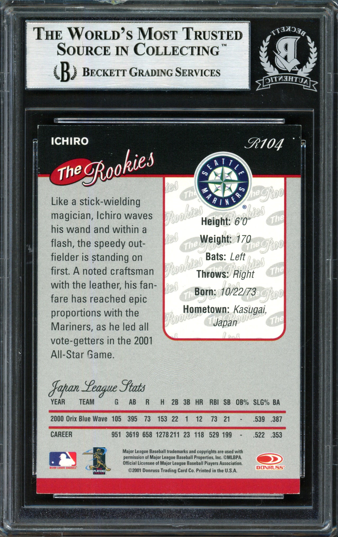 Ichiro Suzuki Autographed 2001 Donruss Rookie Card #R104 Seattle Mariners Beckett BAS Stock #182320