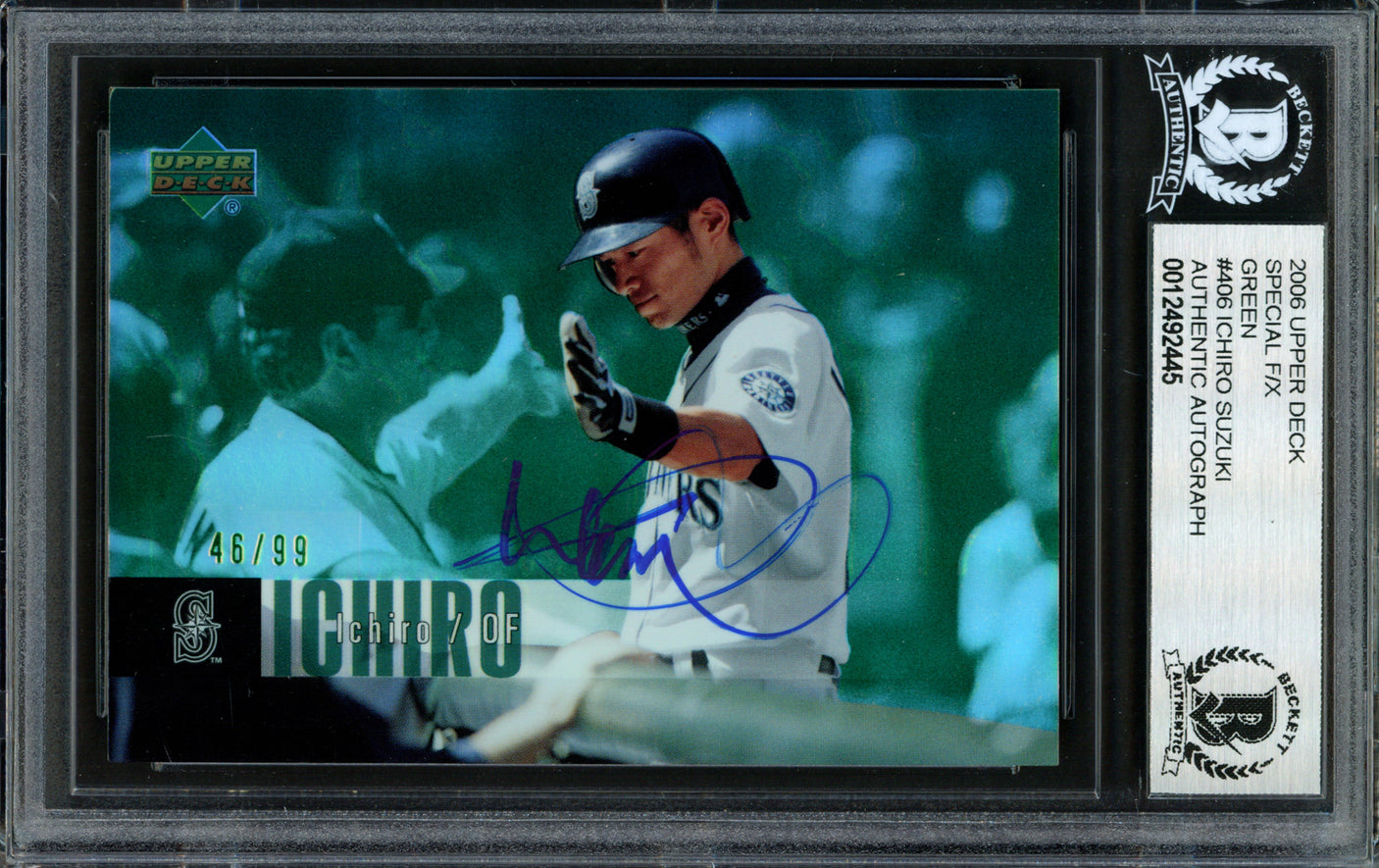 Ichiro Suzuki Autographed 2006 Upper Deck F/X Special Green Card #406 Seattle Mariners #46/99 Beckett BAS #12492445
