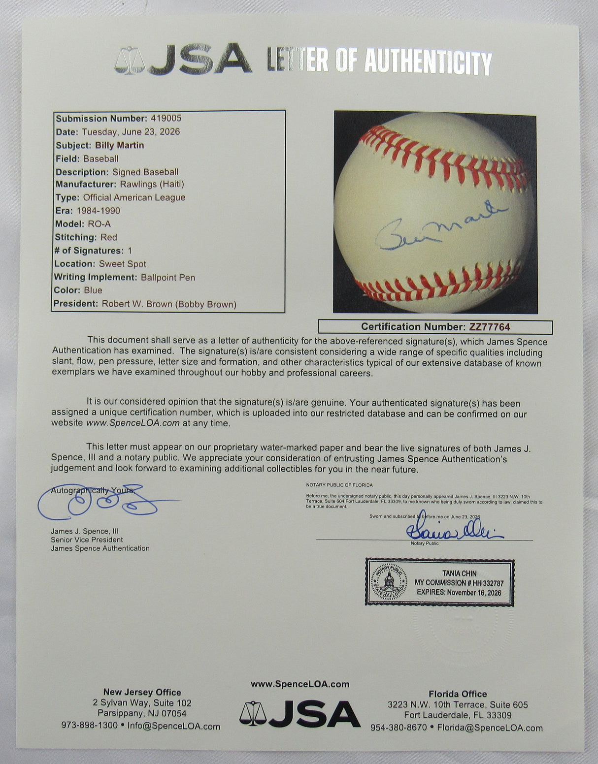 Billy Martin Signed Auto Rawlings Baseball JSA LOA ZZ77764