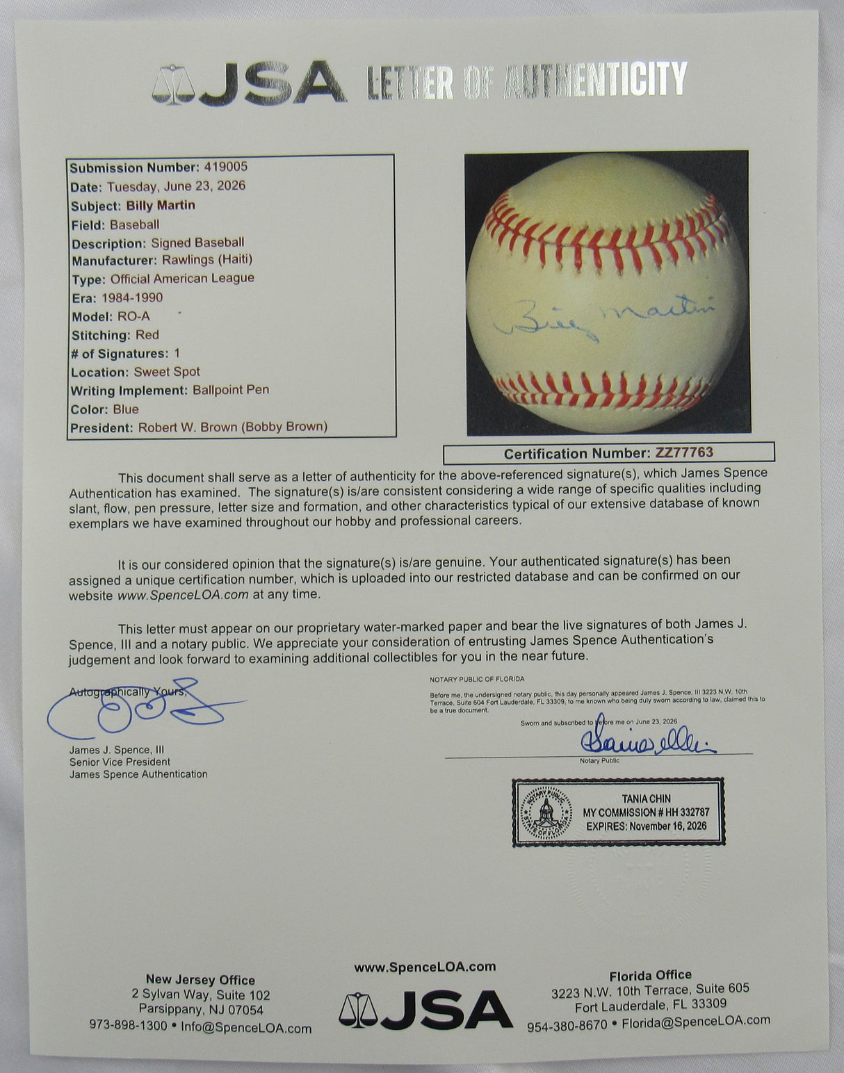 Billy Martin Signed Auto Rawlings Baseball JSA LOA ZZ77763