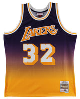 Lakers Magic Johnson Signed Purple Two-Tone M&N 84-85 HWC Swingman Jersey BAS W