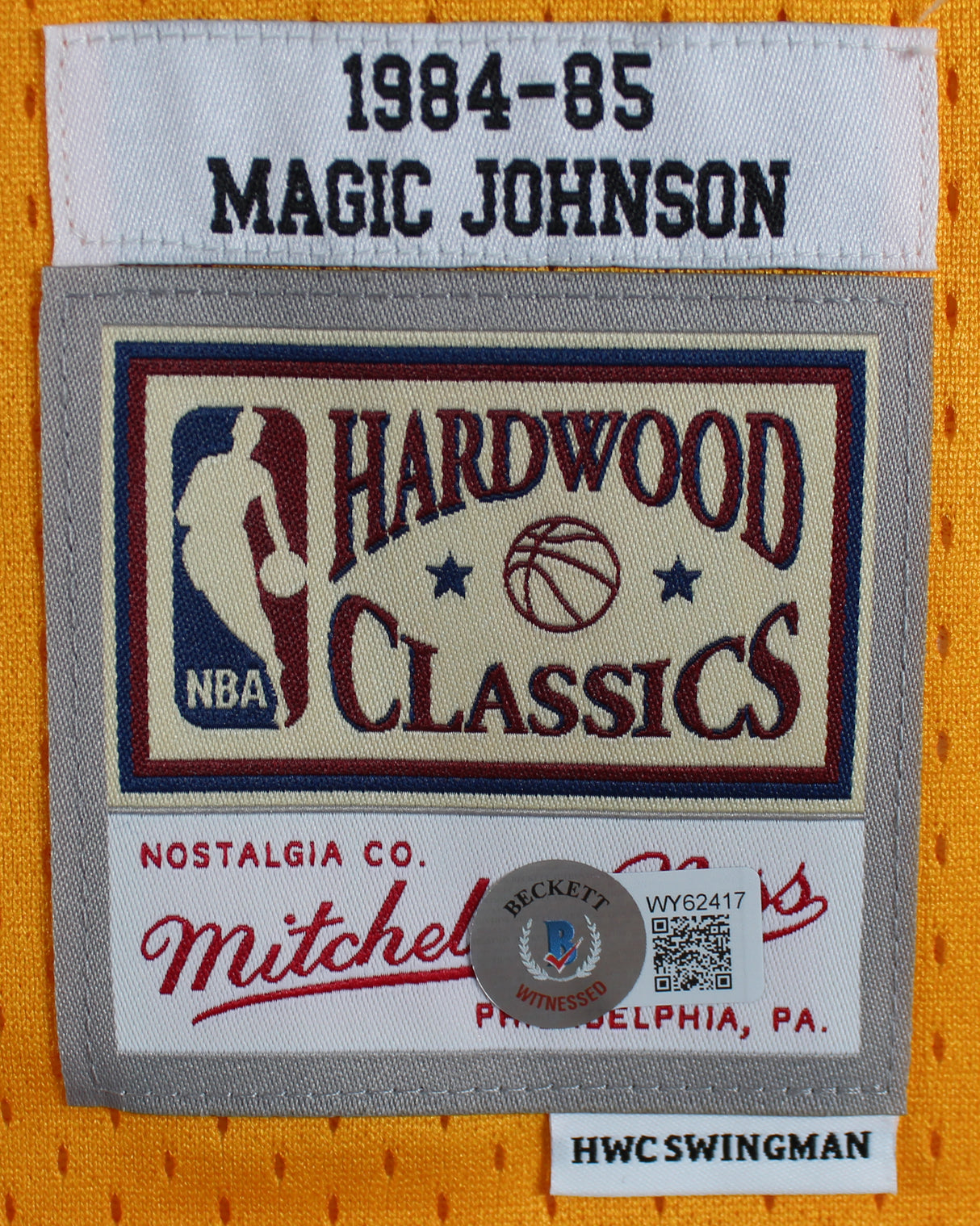 Lakers Magic Johnson Signed Purple Two-Tone M&N 84-85 HWC Swingman Jersey BAS W