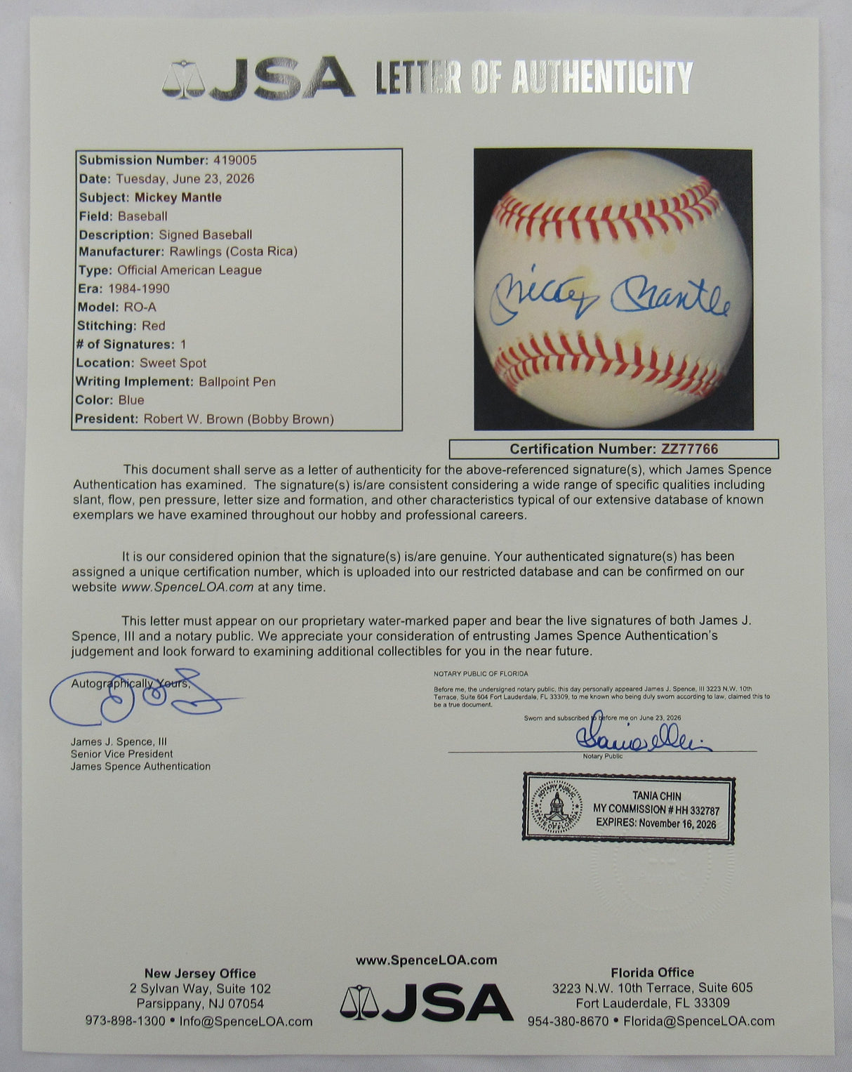 Mickey Mantle Signed Auto Rawlings Baseball JSA LOA ZZ77766