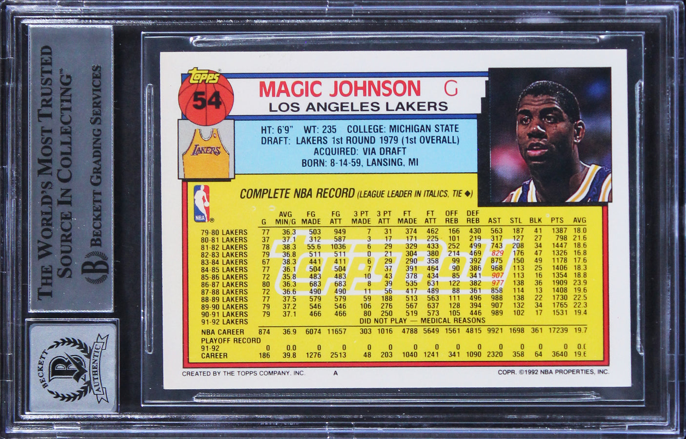 Lakers Magic Johnson Signed 1992 Topps Gold #54 Card Auto Graded 10! BAS Slabbed