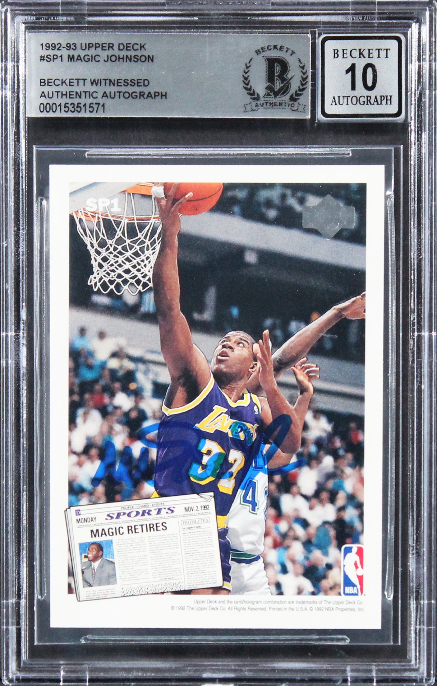 Lakers Magic Johnson Signed 1992 Upper Deck #SP1 Card Auto 10! BAS Slabbed