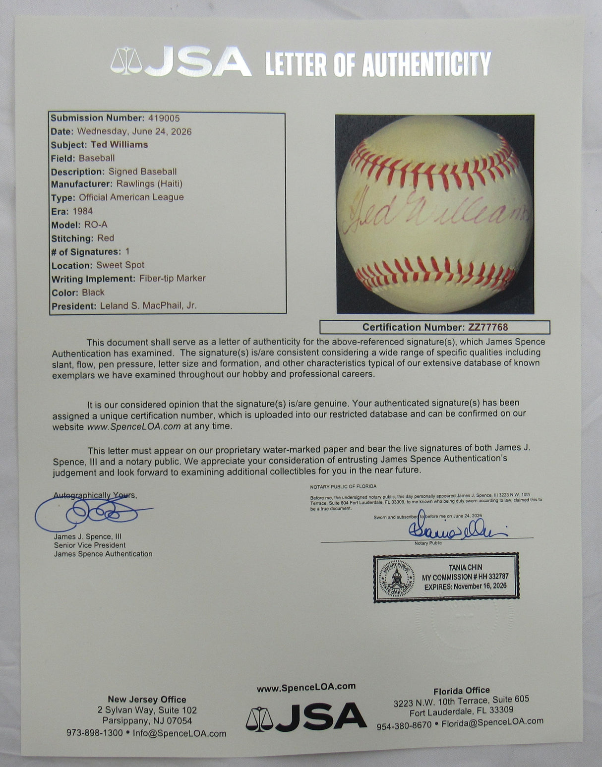 Ted Williams Signed Auto Rawlings Baseball JSA LOA ZZ77768