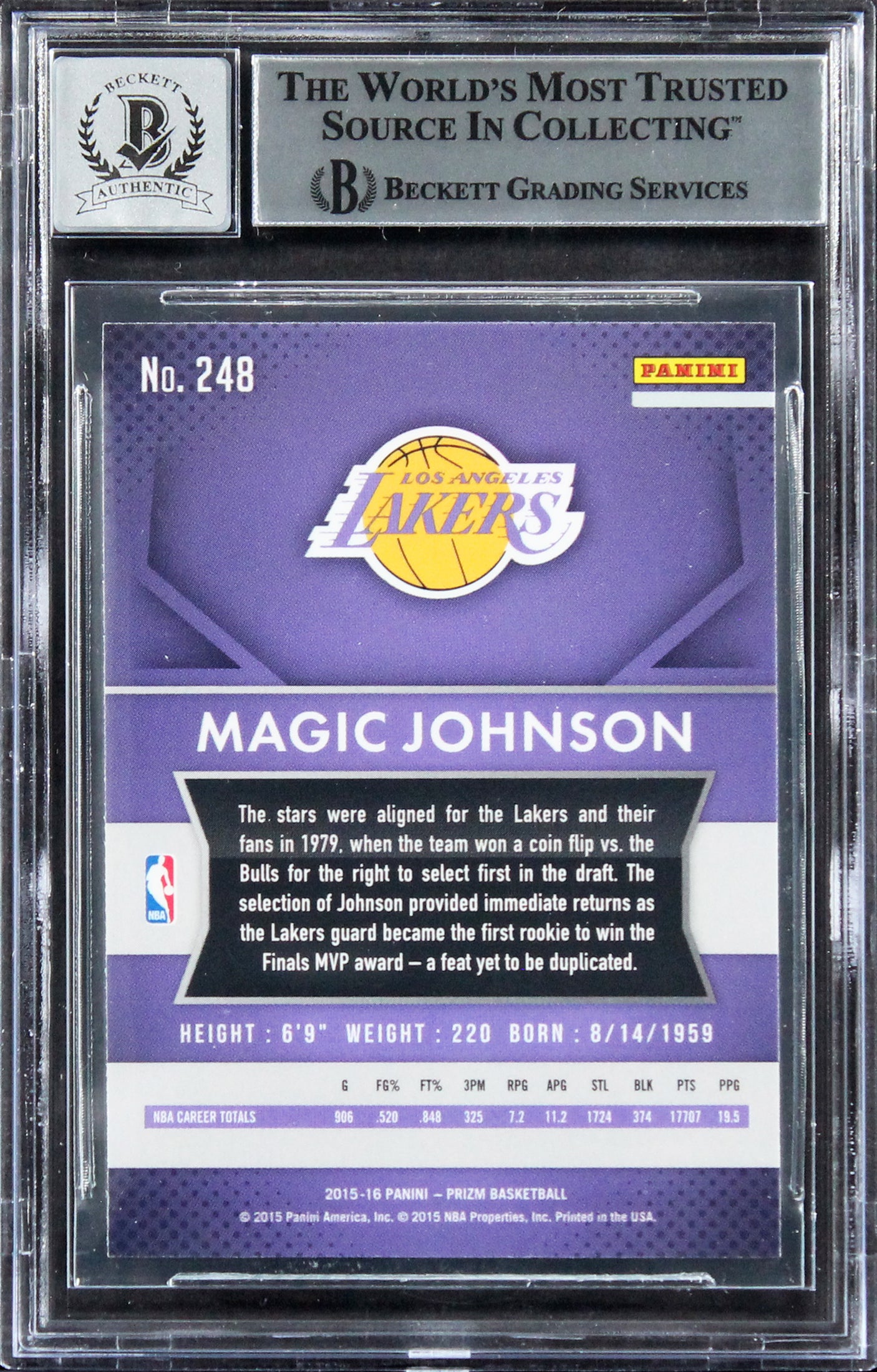 Lakers Magic Johnson Signed 2015 Panini Prizm #248 Card Auto 10! BAS Slabbed