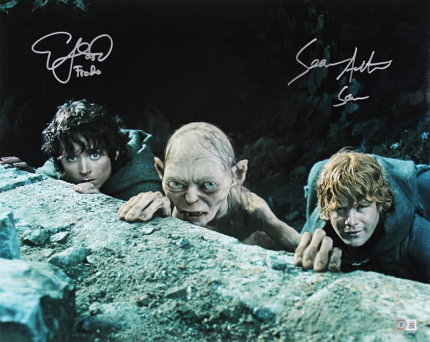 Elijah Wood & Sean Astin Lord of the Rings Signed 16x20 w/ Golum Photo BAS Wit