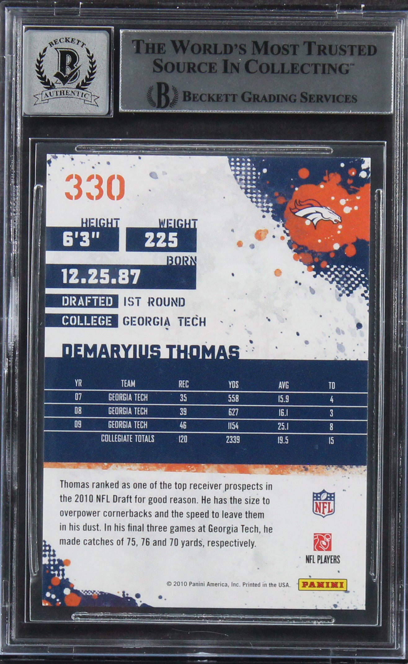 Broncos Demaryius Thomas Signed 2010 Score #330 Rookie Card Auto 10! BAS Slabbed
