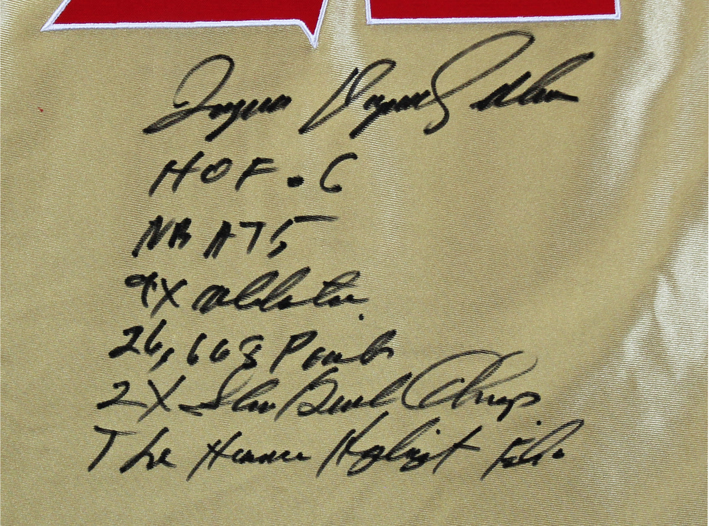 Hawks Dominique Wilkins "Stat" Signed Gold M&N 75th HWC Swingman Jersey BAS Wit