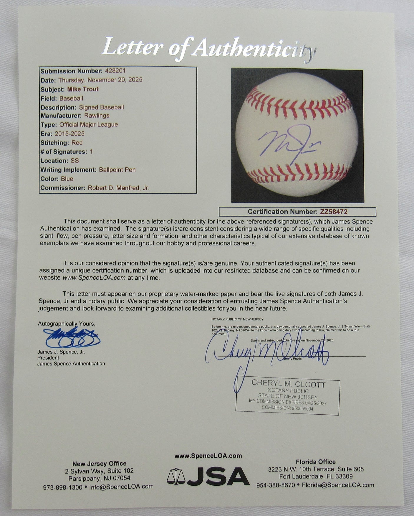 Mike Trout Signed Auto Rawlings Baseball JSA LOA ZZ58472