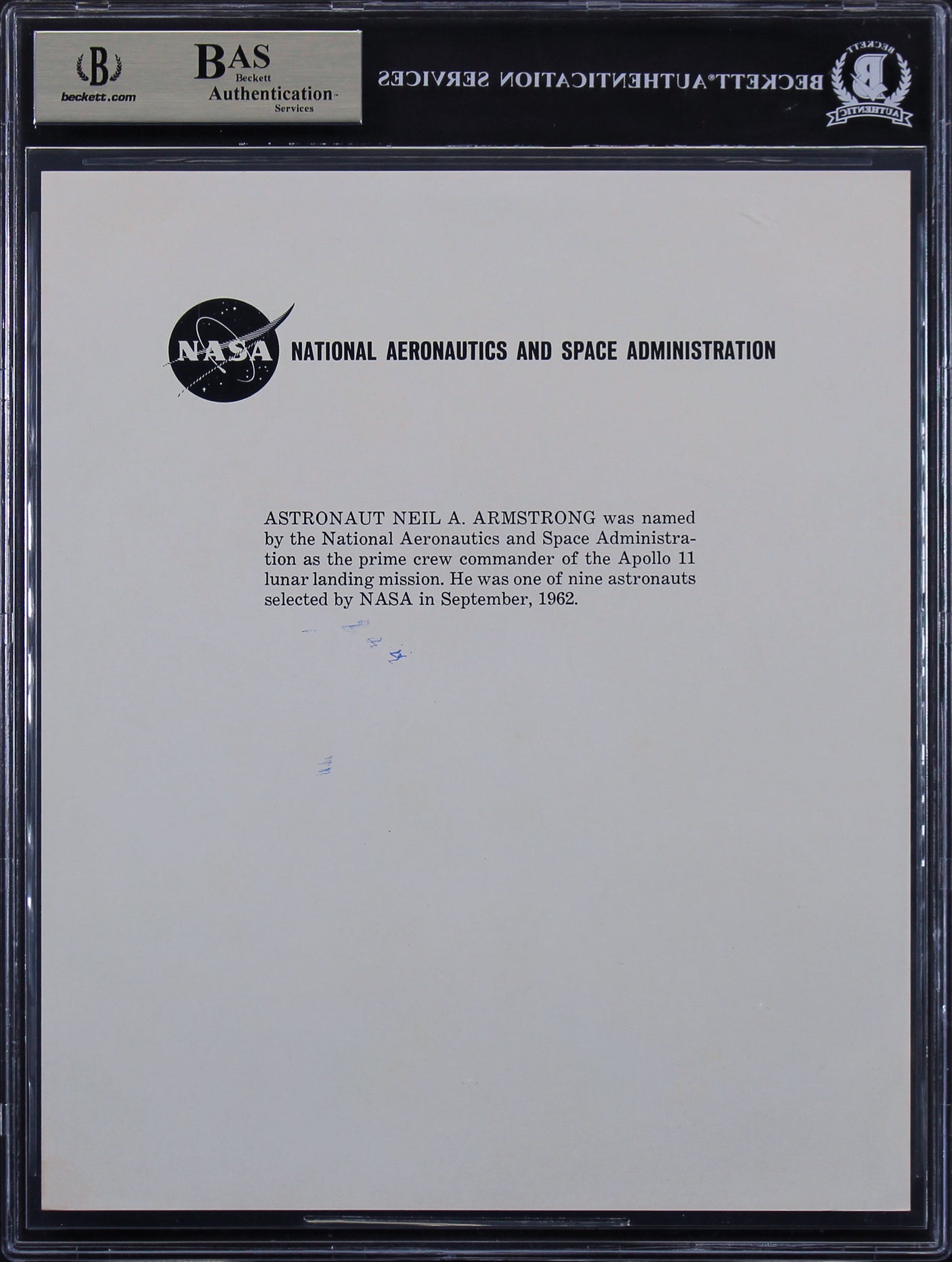 Neil Armstrong Apollo 11 Authentic Signed 8x10 NASA Photo BAS Slabbed