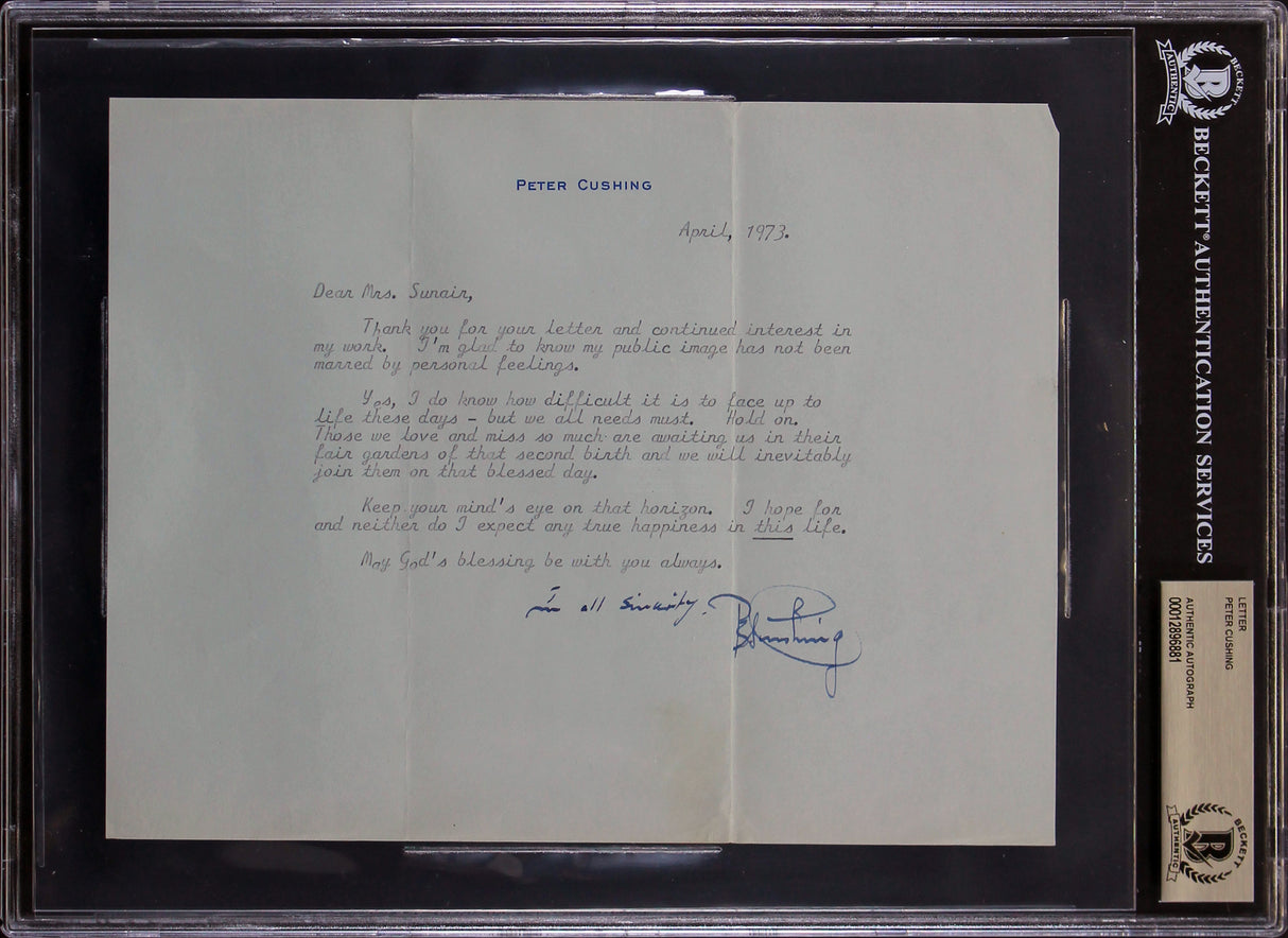 Peter Cushing Star Wars Signed 7x8.75 Letter Dated April 1973 BAS Slabbed