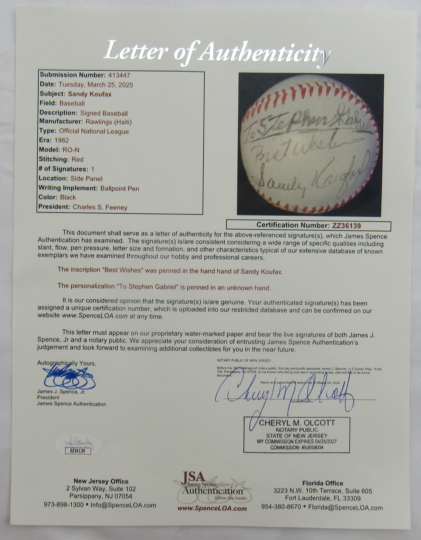 Sandy Koufax Signed Auto Rawlings Baseball w/ Insc JSA LOA ZZ36139
