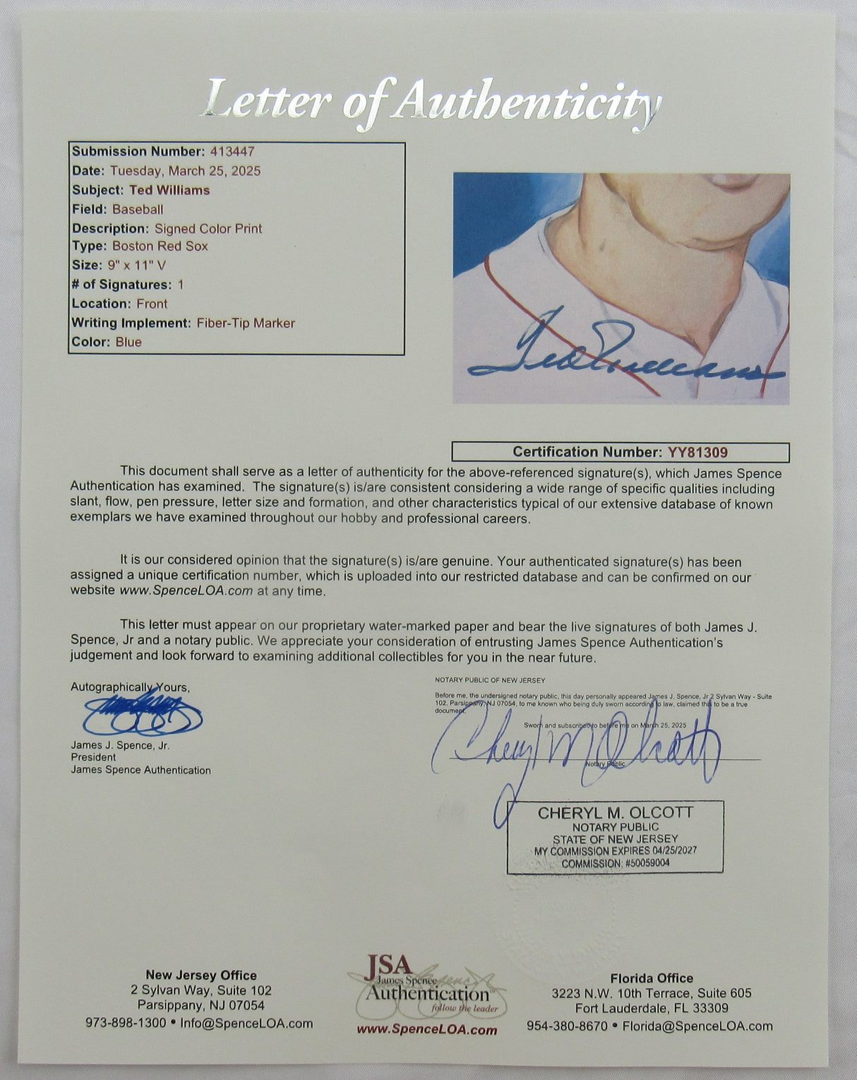 Ted Williams Signed Auto 9x11 Print JSA LOA ZZ81309