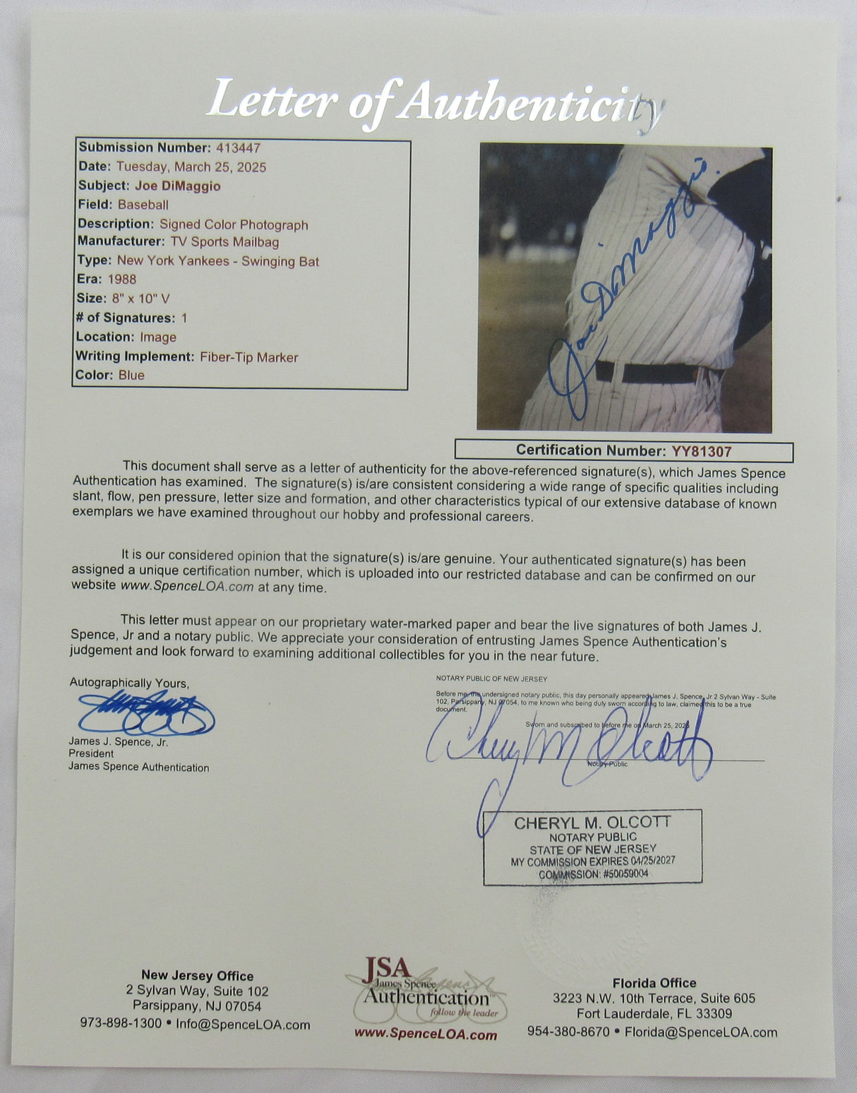 Joe DiMaggio Signed Auto 8x10 Photo JSA LOA YY81307