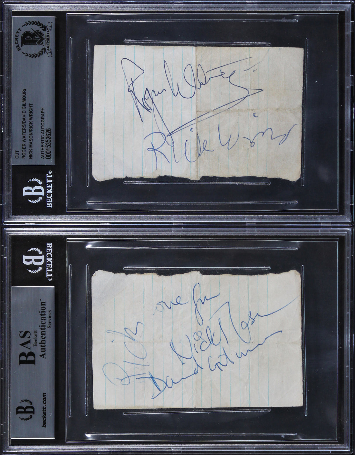 Pink Floyd (5) Gilmour, Waters, Wright, Mason Signed 2.75x4.25 Cut Sig BAS Slab