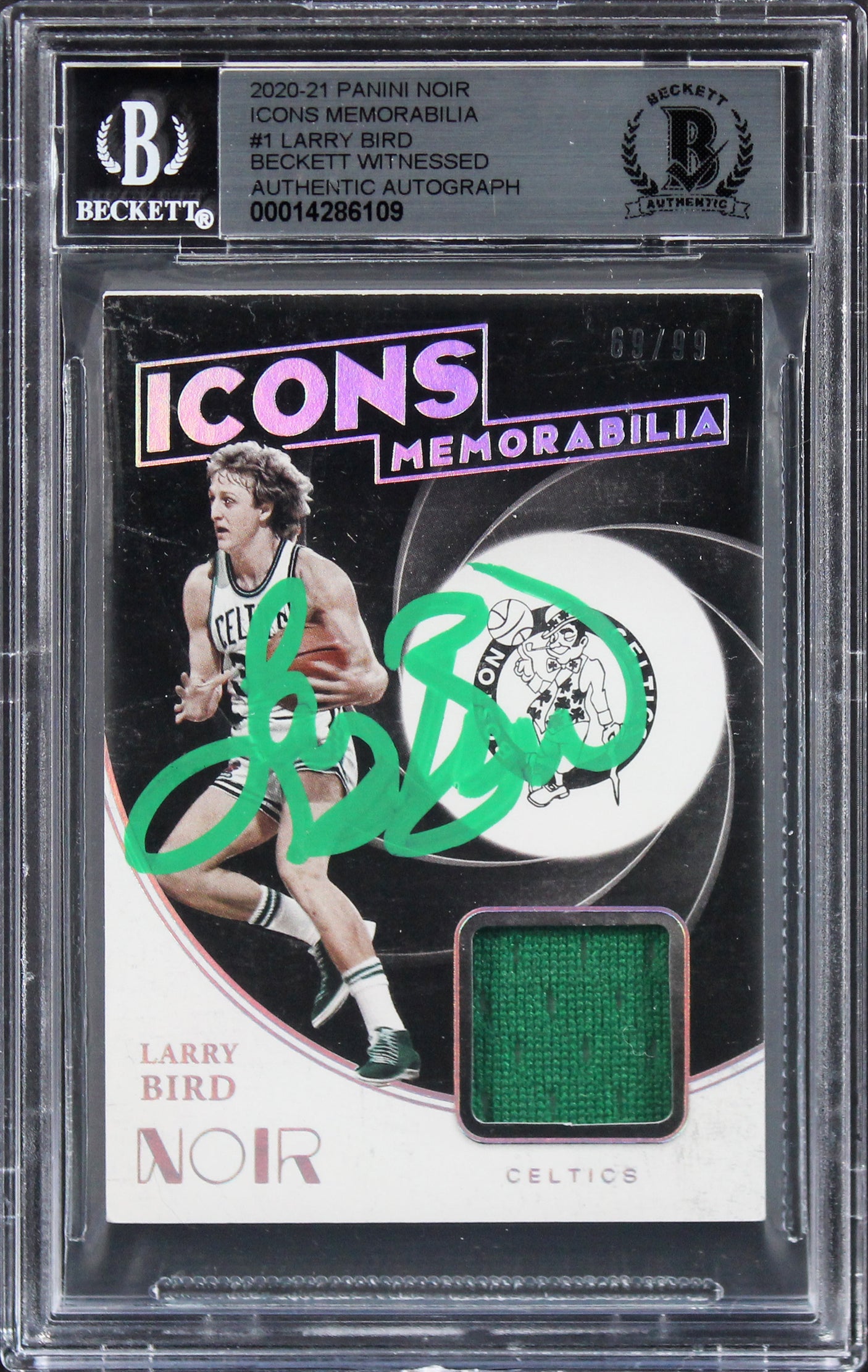 Celtics Larry Bird Signed 2020 Panini Noir Icons Mem #1 #69/99 Card BAS Slabbed