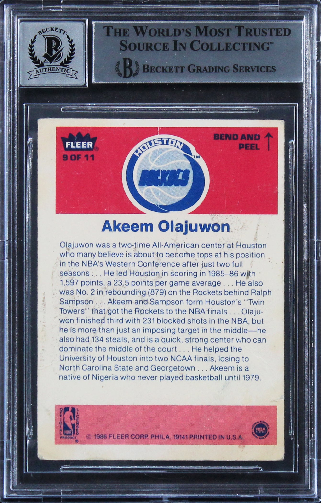 Magic Johnson & Hakeem Olajuwon Signed 1986 Fleer #9 Card Auto 10! BAS Slabbed