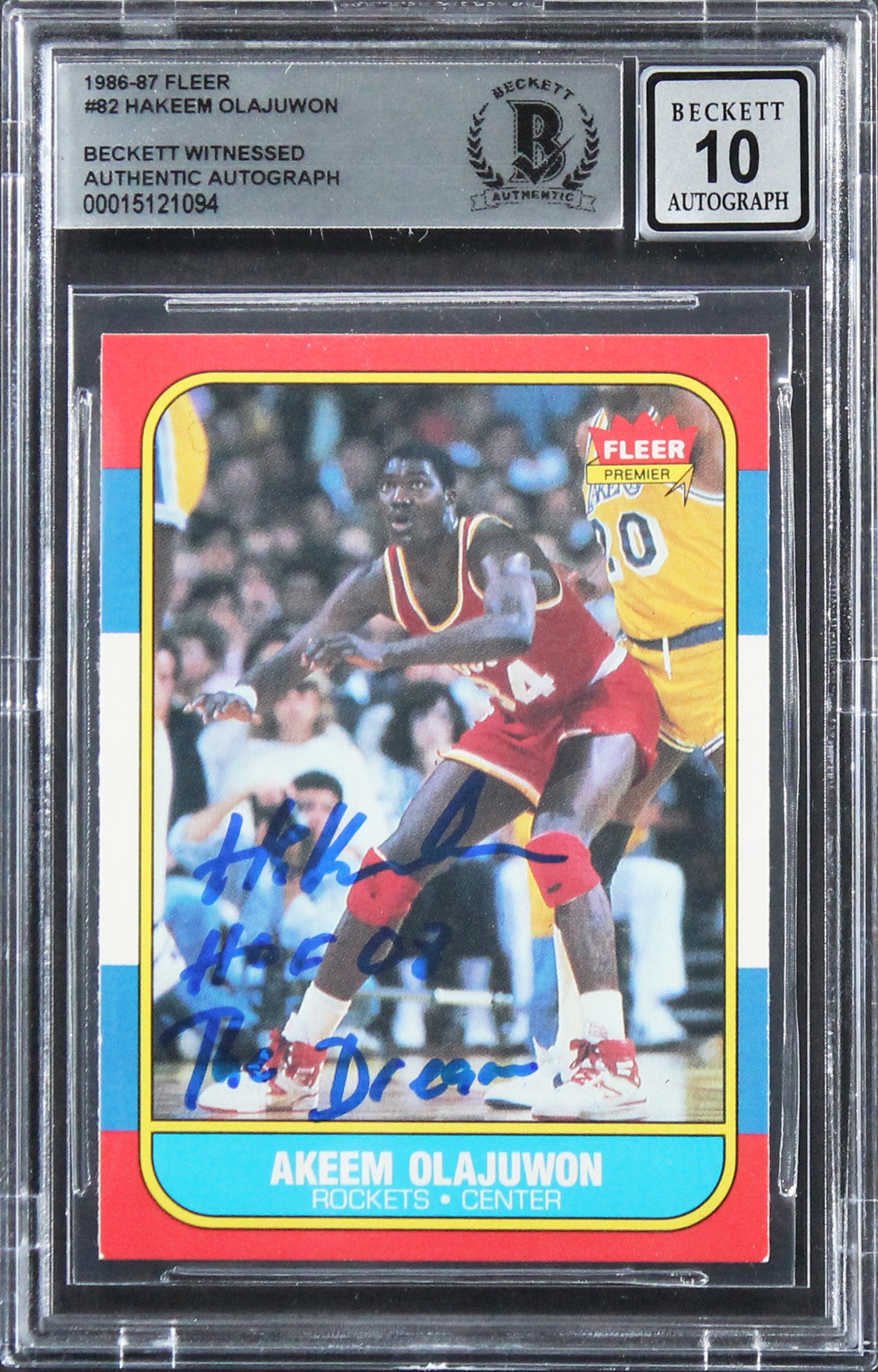 Hakeem Olajuwon "2x Insc" Signed 1986 Fleer #82 Rookie Card Auto 10! BAS Slabbed