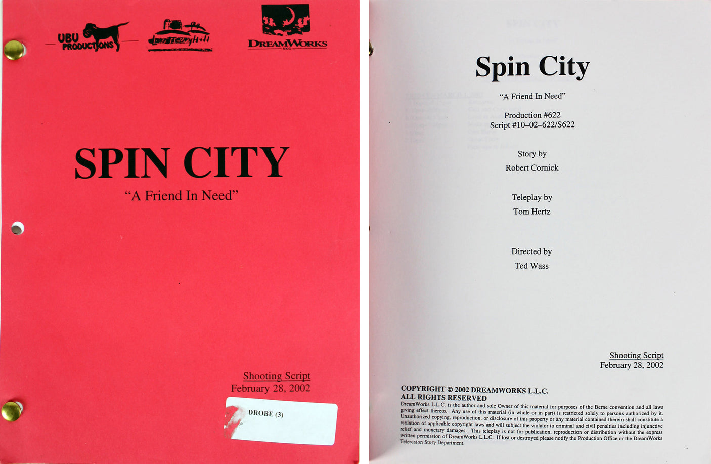 Spin City February 28, 2002 "A Friend In Need" Episode Shooting Script Unsigned