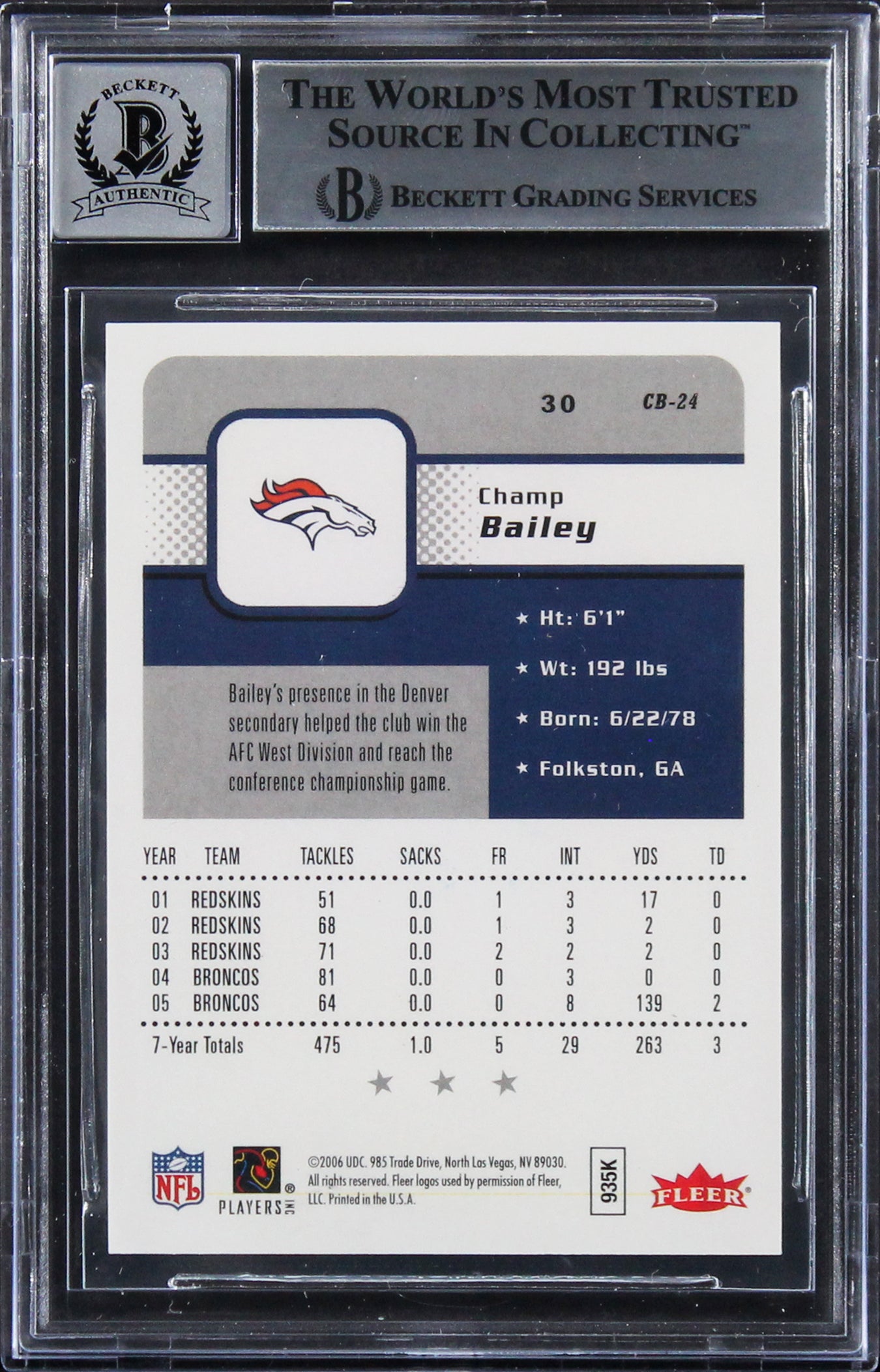 Broncos Champ Bailey Authentic Signed 2006 Fleer #30 Card Auto 10! BAS Slabbed