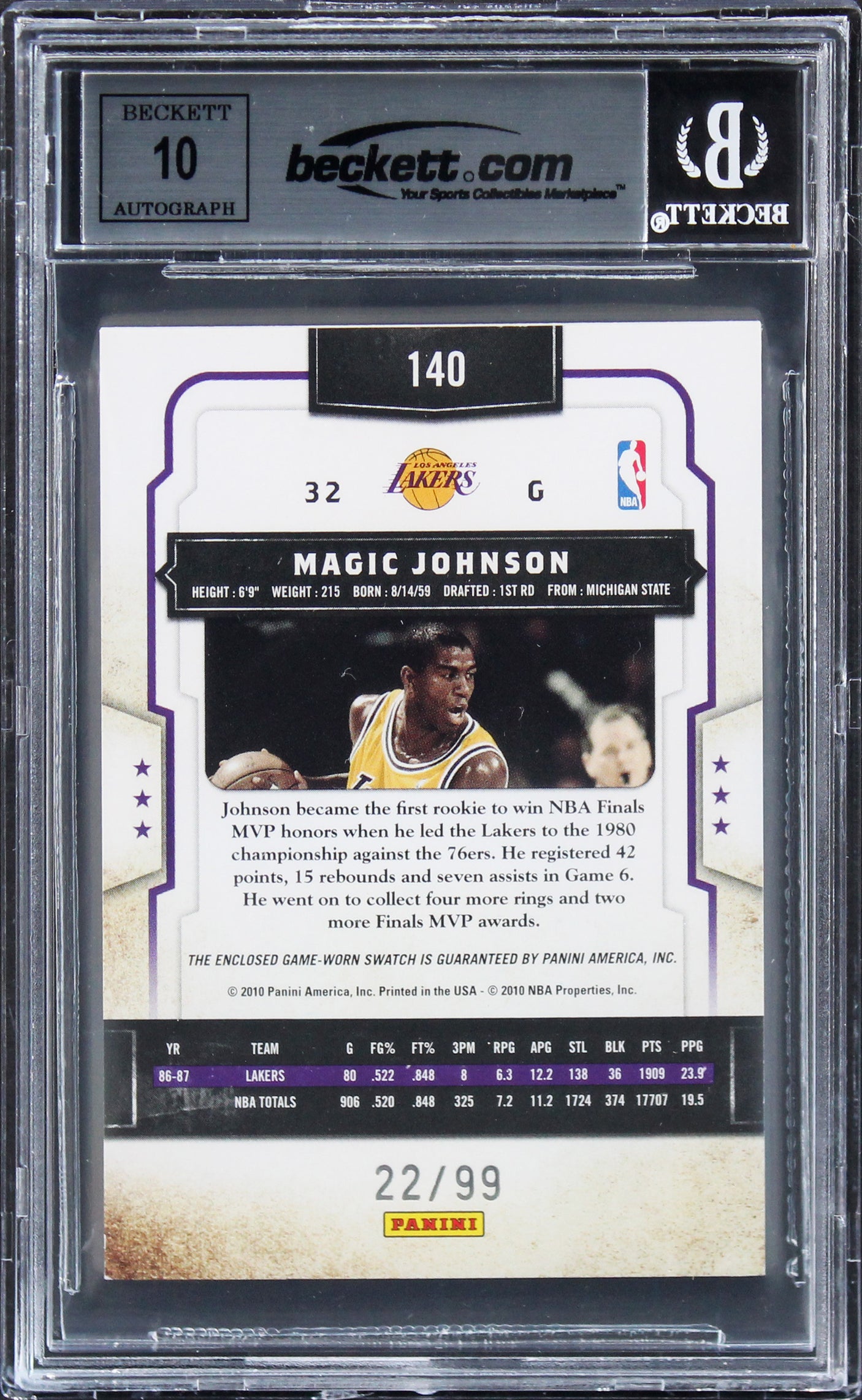 Magic Johnson Signed 2009 Classics Timeless Threads #140 Card Auto 10! BAS Slab