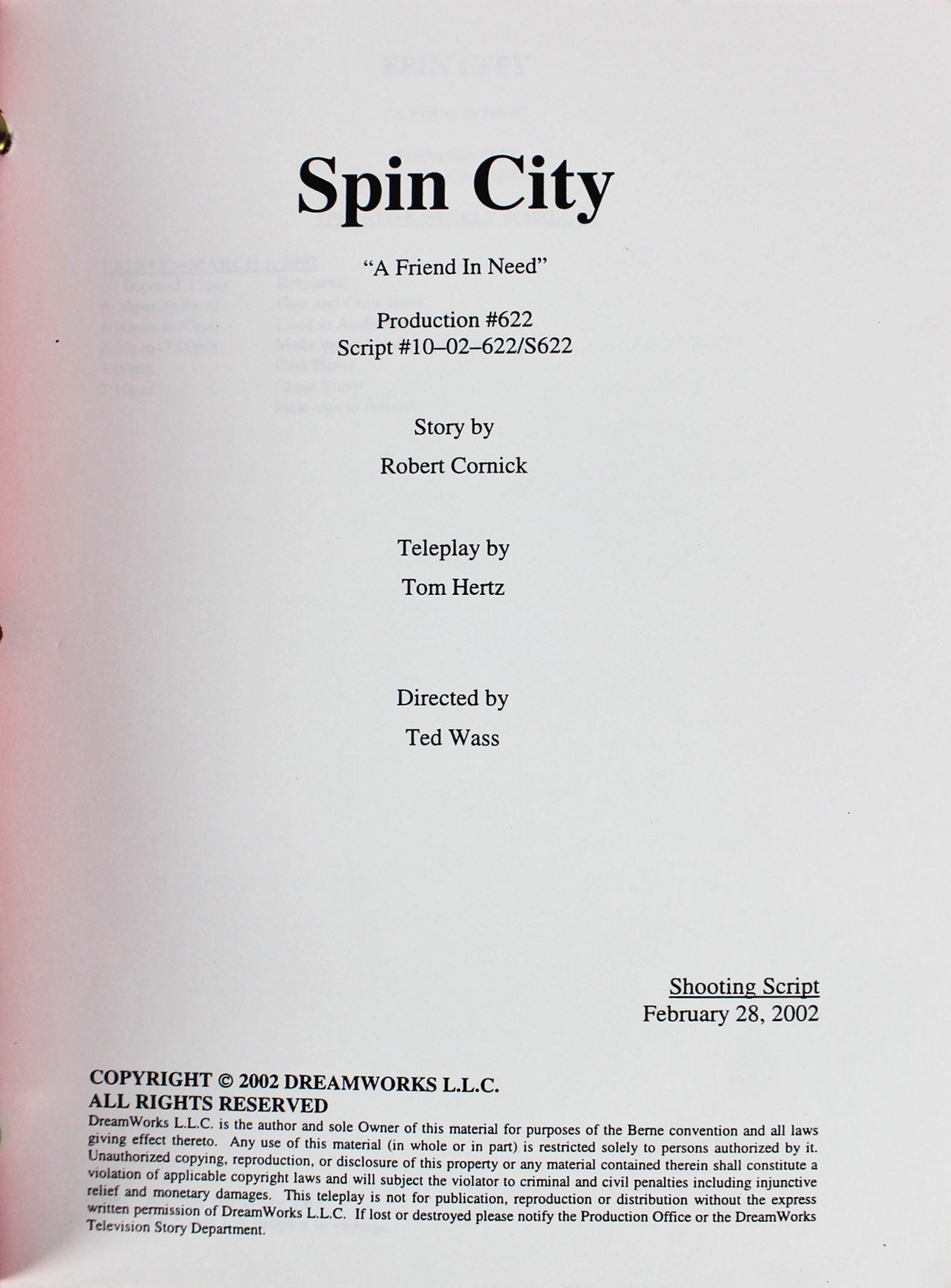 Spin City February 28, 2002 "A Friend In Need" Episode Shooting Script Unsigned