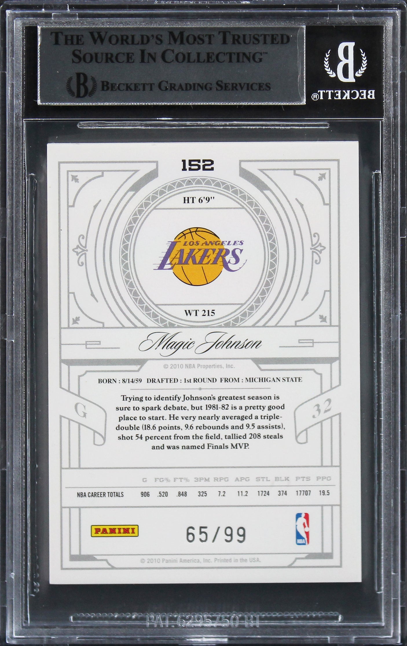 Magic Johnson Signed 2009 National Treasures #152 #65/99 Card Auto 10! BAS Slab